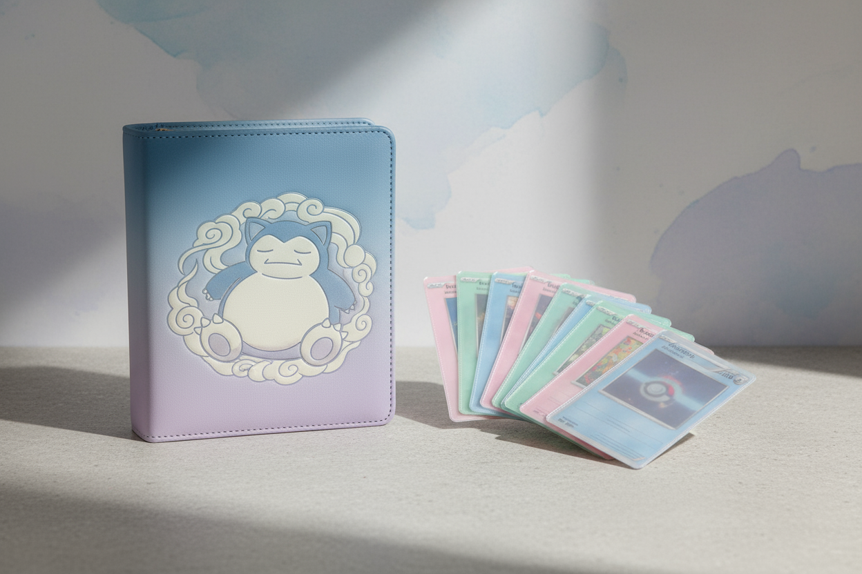 an image with calm colors of a pokemon binder and card sleeves