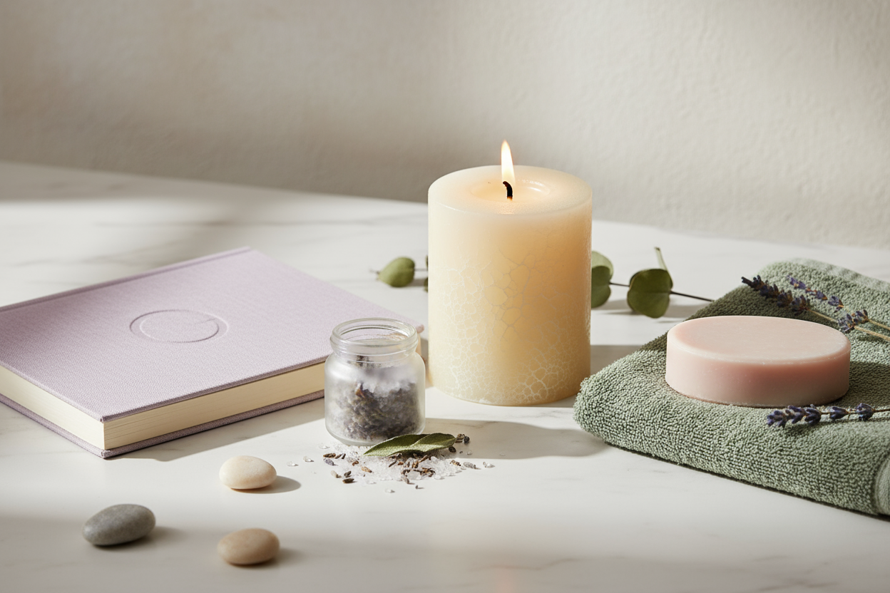 calm colors of a candle, journal, and bath 