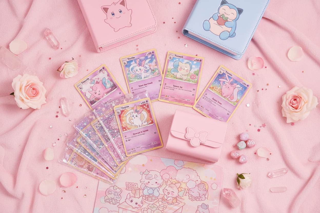 pokemon cards and accessories for other tcg products with a girly vibe and slight pink hue]