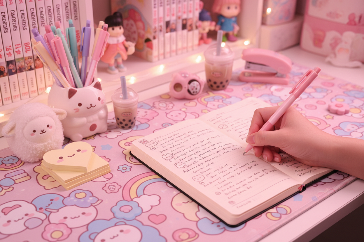 soft pink and detailed writing in a journal at a desk with a kawaii desk mat and other kawaii themed stationary
